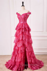 Off The Shoulder Hot Pink Sequin Tiered Evening Prom Dresses With Slit