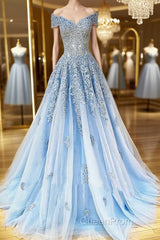 Off the Shoulder Light Blue Lace Evening Prom Dresses, Off the Shoulder Blue Lace Formal Evening Dresses