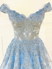Off the Shoulder Light Blue Lace Evening Prom Dresses, Off the Shoulder Blue Lace Formal Evening Dresses