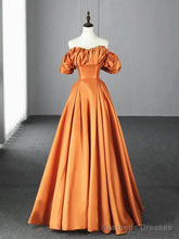 Off the Shoulder Orange Satin Long Prom Dresses, Orange Long Satin Formal Evening Dresses