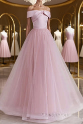 Off the Shoulder Pink Evening Prom Dresses, Pink Tulle Formal Evening Dresses