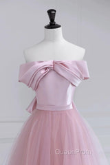 Off the Shoulder Pink Evening Prom Dresses, Pink Tulle Formal Evening Dresses