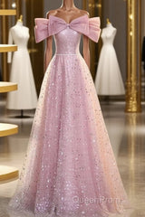Off The Shoulder Pink Sequin Sparkle Evening Prom Dresses