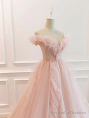 Off the Shoulder Pink Tulle Beaded Long Prom Dresses, Pink Tulle Long Formal Dress