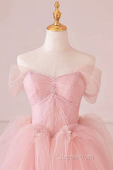 Off the Shoulder Pink Tulle Evening Prom Dresses, Pink Tulle Long Formal Graduation Dresses