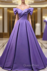 Off The Shoulder Purple Satin Ruched Evening Prom Dresses