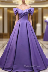 Off The Shoulder Purple Satin Ruched Evening Prom Dresses