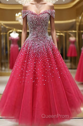Off the Shoulder Red Long Evening Prom Gown, Off the Shoulder Red Beaded Formal Evening Dresses