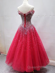 Off the Shoulder Red Long Evening Prom Gown, Off the Shoulder Red Beaded Formal Evening Dresses
