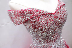 Off the Shoulder Red Long Evening Prom Gown, Off the Shoulder Red Beaded Formal Evening Dresses