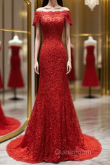 Off the Shoulder Red Mermaid Lace Evening Prom Dresses, Red Mermaid Lace Formal Bridesmaid Dresses