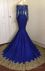 Off-the-Shoulder Royal Blue Prom Dresses Gold Lace Appliques Chic Evening Dress with Sleeve