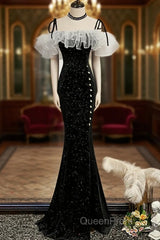 Off The Shoulder Shiny Black Mermaid Evening Prom Dresses, Off Shoulder Shiny Black Long Formal Evening Dresses