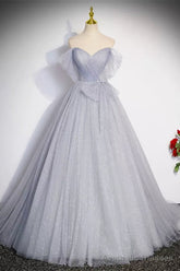 Off the Shoulder Shiny Gray Long Prom Dresses, Off Shoulder Gray Long Formal Evening Dresses