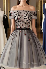 Off The Shoulder Short Black Floral Evening Prom Dresses, Short Black Floral Graduation Homecoming Dresses