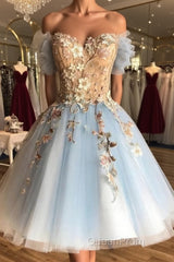 Off the Shoulder Short Blue Lace Floral Evening Prom Dresses, Off the Shoulder Short Blue Lace Graduation Homecoming Dresses