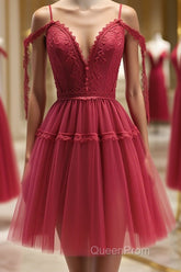 Off the Shoulder Short Burgundy Lace Evening Prom Dresses, Wine Red Short Lace Formal Graduation Dresses