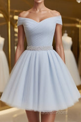 Off the Shoulder Short Gray Evening Prom Dresses with Coset Back, Short Beaded Gray Graduation Homecoming Dresses