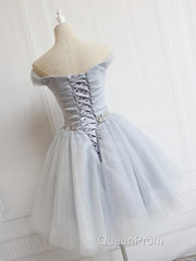 Off the Shoulder Short Gray Evening Prom Dresses with Coset Back, Short Beaded Gray Graduation Homecoming Dresses