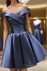 Off the Shoulder Short Navy Blue Evening Prom Dresses, Short Navy Blue Formal Homecoming Graduation Dresses