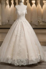 Off-The-Shoulder Short Sleeves Tulle Applique With Beading Court Train Ball Gown Wedding Dresses