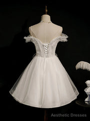 Off the Shoulder Short White Lace Prom Dresses, Short White Lace Formal Homecoming Dresses