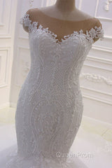 Off the Shoulder Sweetheart White Lace Appliques Tulle Mermaid Wedding Dresses