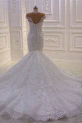 Off the Shoulder Sweetheart White Lace Appliques Tulle Mermaid Wedding Dresses