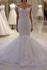 Off the Shoulder Sweetheart White Lace Appliques Tulle Mermaid Wedding Dresses