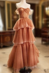 Off The Shoulder Tulle Tiered Long Evening Prom Dresses, A Line Evening Gown