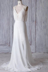 Off-The-Shoulder V Neck Backless Sheath Lace Chiffon Long Beach Wedding Dresses