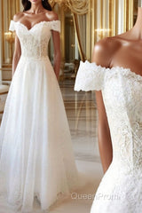 Off the Shoulder White Lace Long Evening Prom Dresses withe Beading, Off Shoulder White Lace Formal Dresses, White Lace Evening Dresses