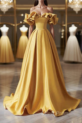 Off the Shoulder Yellow Satin Long Evening Prom Dresses, Off Shoulder Yellow Long Formal Evening Dresses