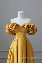 Off the Shoulder Yellow Satin Long Evening Prom Dresses, Off Shoulder Yellow Long Formal Evening Dresses