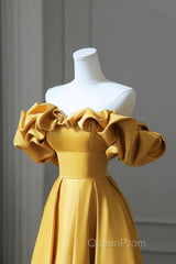 Off the Shoulder Yellow Satin Long Evening Prom Dresses, Off Shoulder Yellow Long Formal Evening Dresses