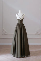 Olive Green Spaghetti Strap Satin Long Evening Prom Dresses, A-Line V Neck Party Dresses