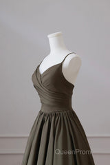 Olive Green Spaghetti Strap Satin Long Evening Prom Dresses, A-Line V Neck Party Dresses