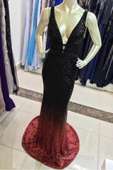 Ombre Mermaid V-Neck Court Train Evening Prom Sequins Dresses