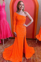 One Shouder Long Sleeves Sequins Mermaid Prom Dress with Slit