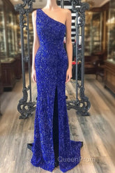 One Shouder Royal Blue Evening Prom Dresses Long Sequin Evening Dresses