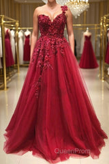 One Shoulder 3D Floral Burgundy Lace Long Evening Prom Dresses, Burgundy Lace Appliques Formal Graduation Evening Dresses