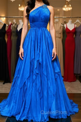 One Shoulder Backless Blue Chiffon Long Evening Prom Dresses, Beaded Blue Long Formal Evening Dresses
