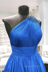 One Shoulder Backless Blue Chiffon Long Evening Prom Dresses, Beaded Blue Long Formal Evening Dresses