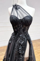 One Shoulder Black Lace Evening Prom Dresses, One Shoulder Black Lace Formal Evening Dresses