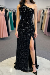 One Shoulder Black Sequins Mermaid Long Evening Prom Dresses, Black Sequins Mermaid Long Evening Prom Dresses