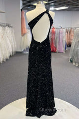 One Shoulder Black Sequins Mermaid Long Evening Prom Dresses, Black Sequins Mermaid Long Evening Prom Dresses
