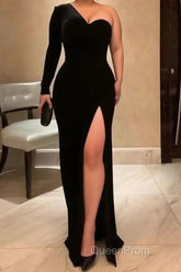 One Shoulder Black Velvet Long Evening Prom Dresses, Black One Shoulder Velvet Formal Evening Dresses