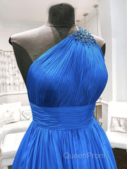 One Shoulder Blue Backless Long Evening Prom Dresses, Open Back Blue Long Formal Evening Dresses