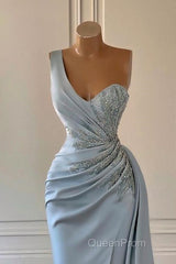 One shoulder blue Evening Prom Dresses in mermaid pleats