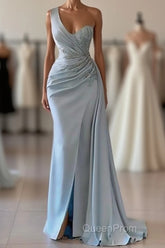 One shoulder blue Evening Prom Dresses in mermaid pleats